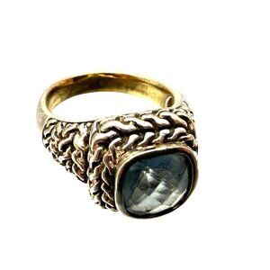 Vintage 925 Sterling Silver Chunky Chain Link Ring with Blue Gemstone